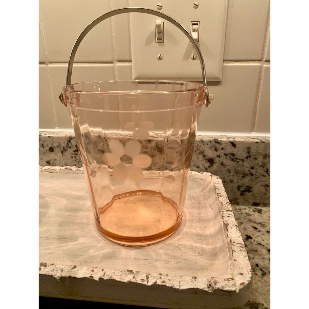 Vintage depression art deco pink etched floral glass ICE BUCKET with handle